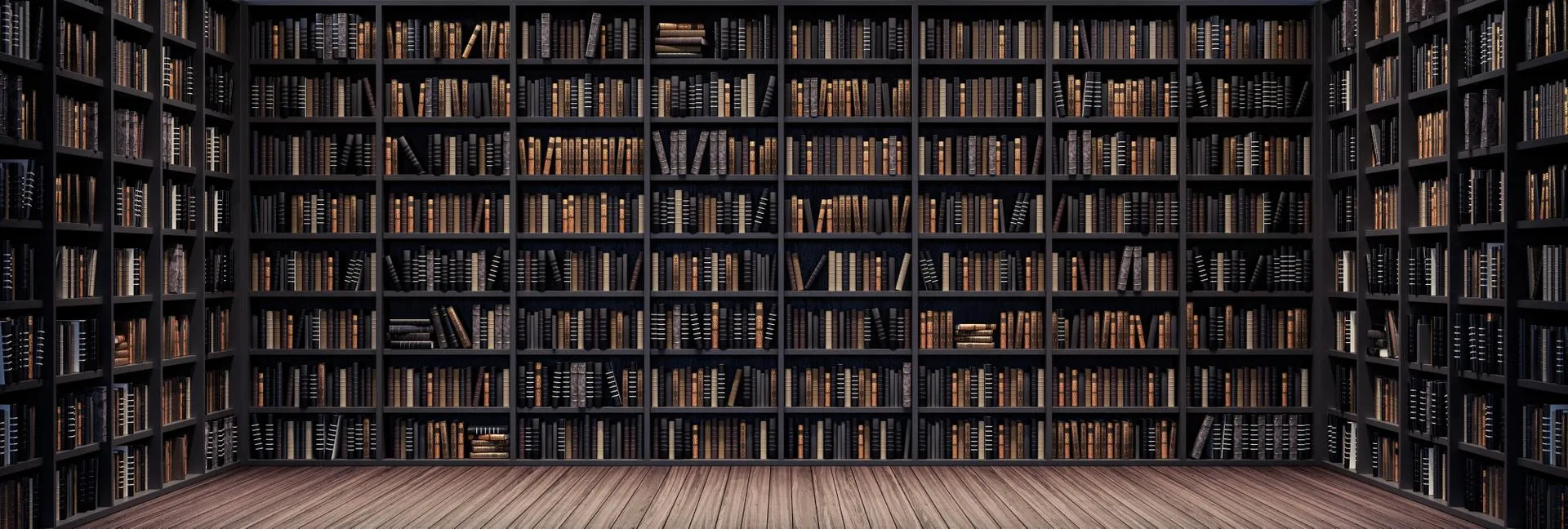 Floor-to-ceiling shelves of old, leather-bound library books