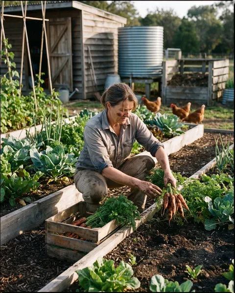 Homesteaders: a woman crouched between raised vegetable beds on a smallholding, lifting a bunch of just-pulled carrots into a crate