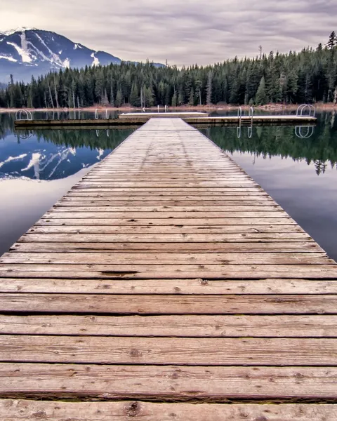 Off Grid Living: a wooden dock stretching across a still mountain lake, surrounded by forest