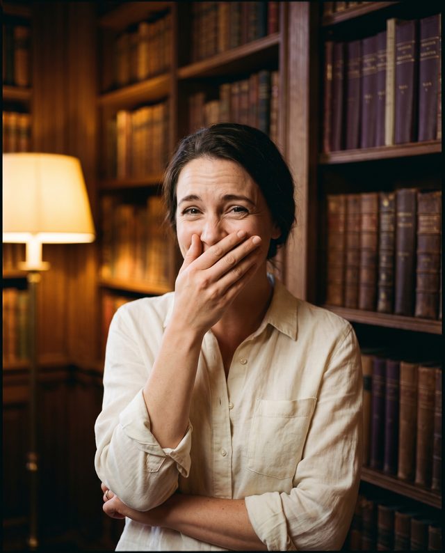 A woman in an antique library, hand over her mouth, amused and entirely unrepentant